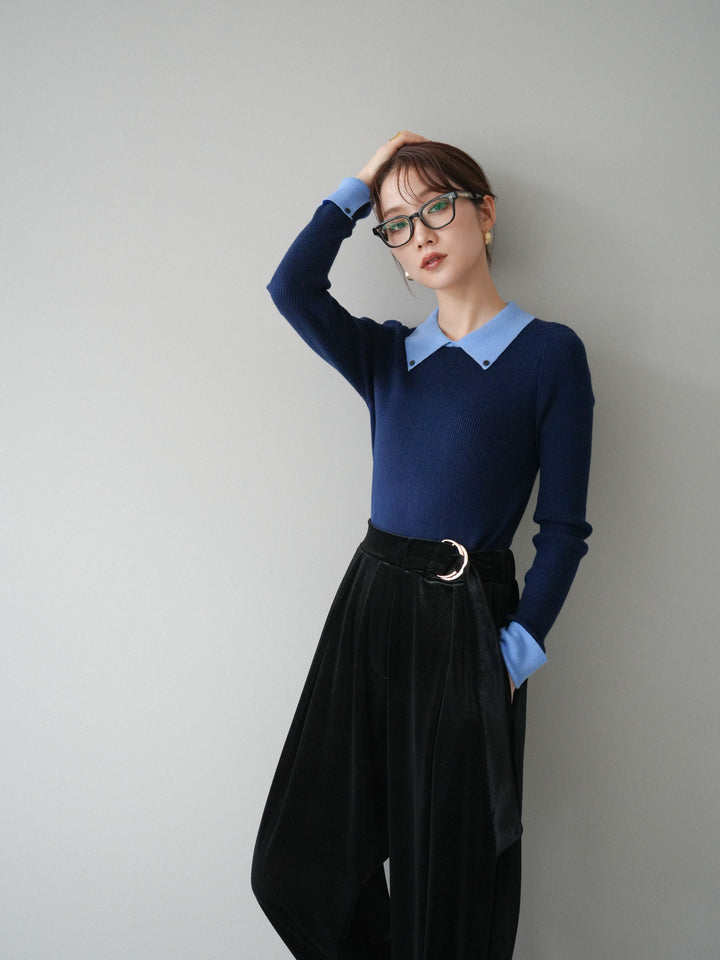 [予約]ニットカフス襟付き配色リブニットトップス/navy