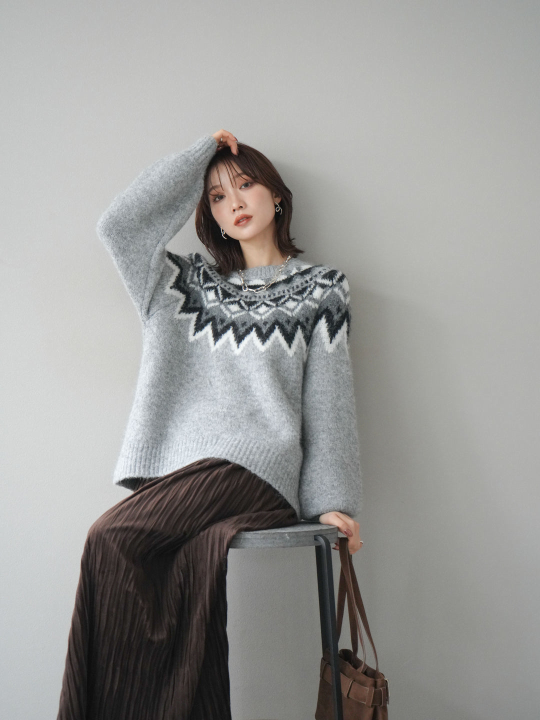 [SET]求心柄オーバーニットプルオーバー+スエードワッシャープリーツスカート(2set)