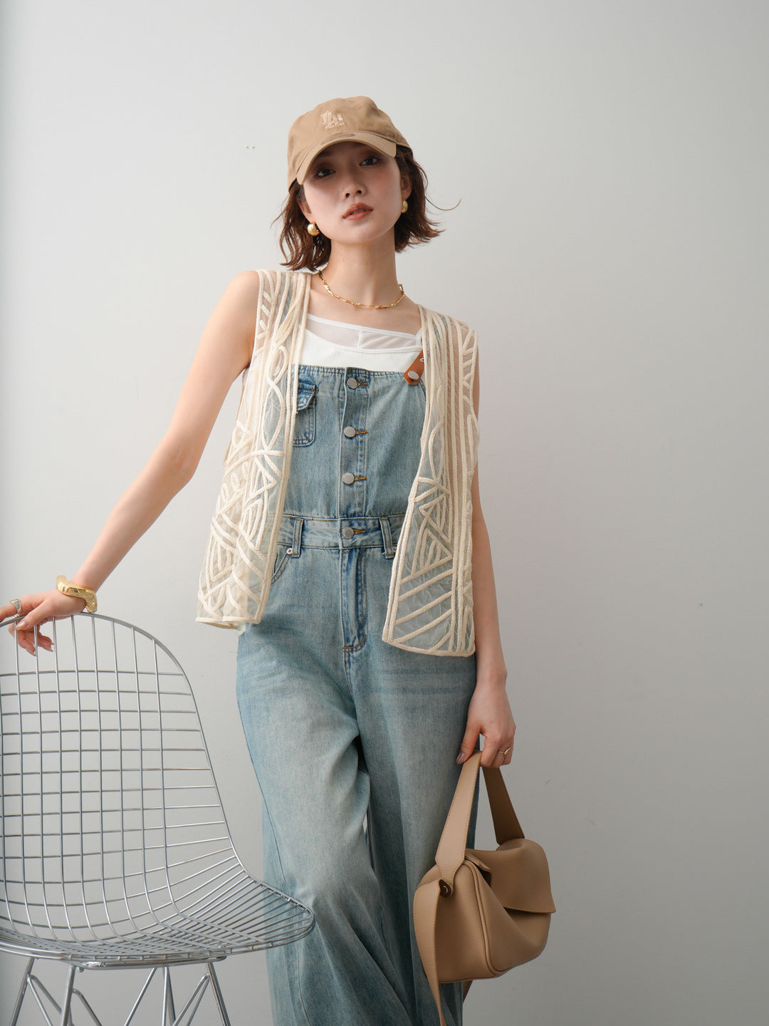 [SET]レザーコンビストラップデニムサロペット+シアーレイヤードカップ付キャミソール(2set)