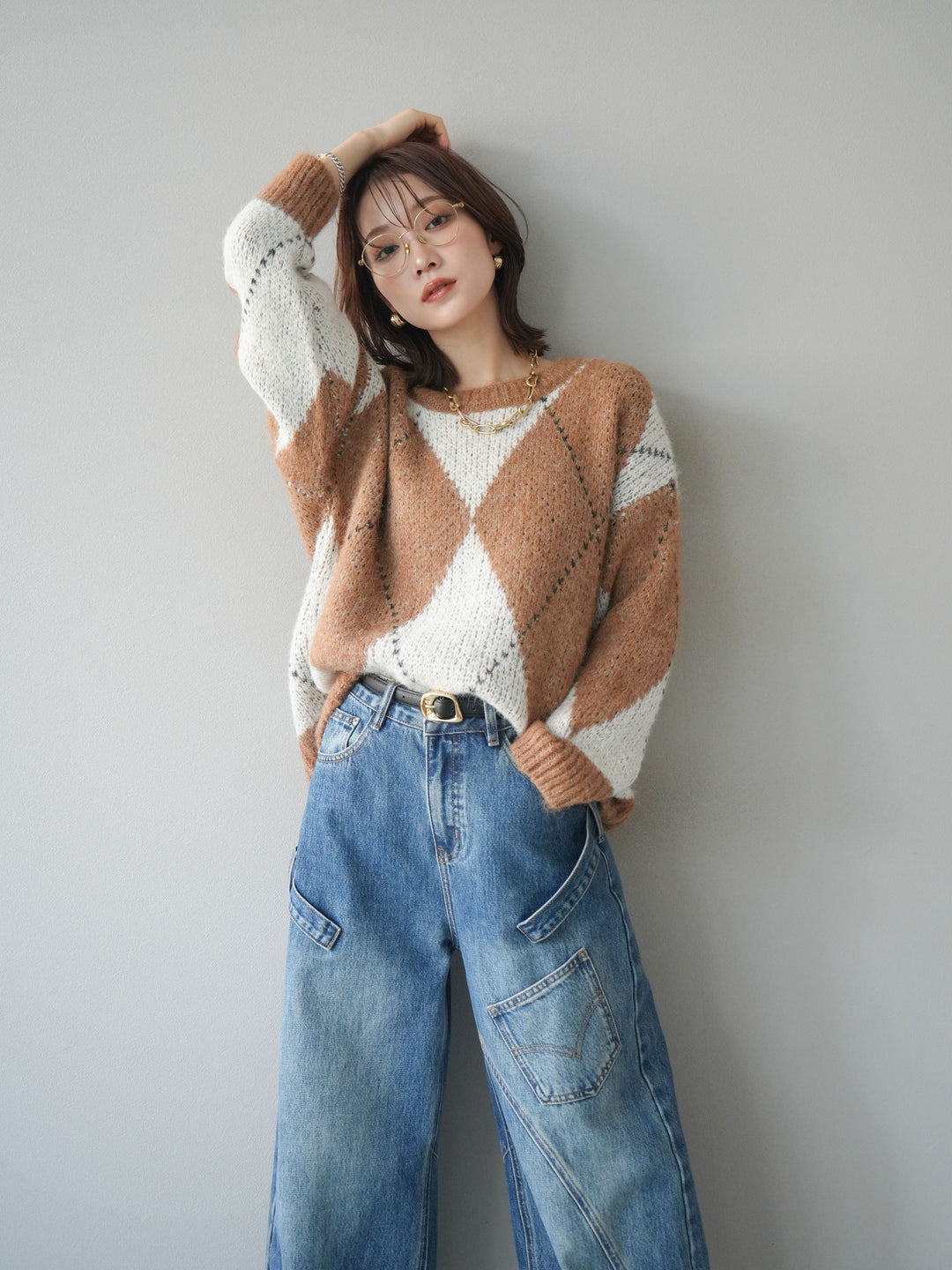 [予約]アーガイルオーバーニットプルオーバー/camel