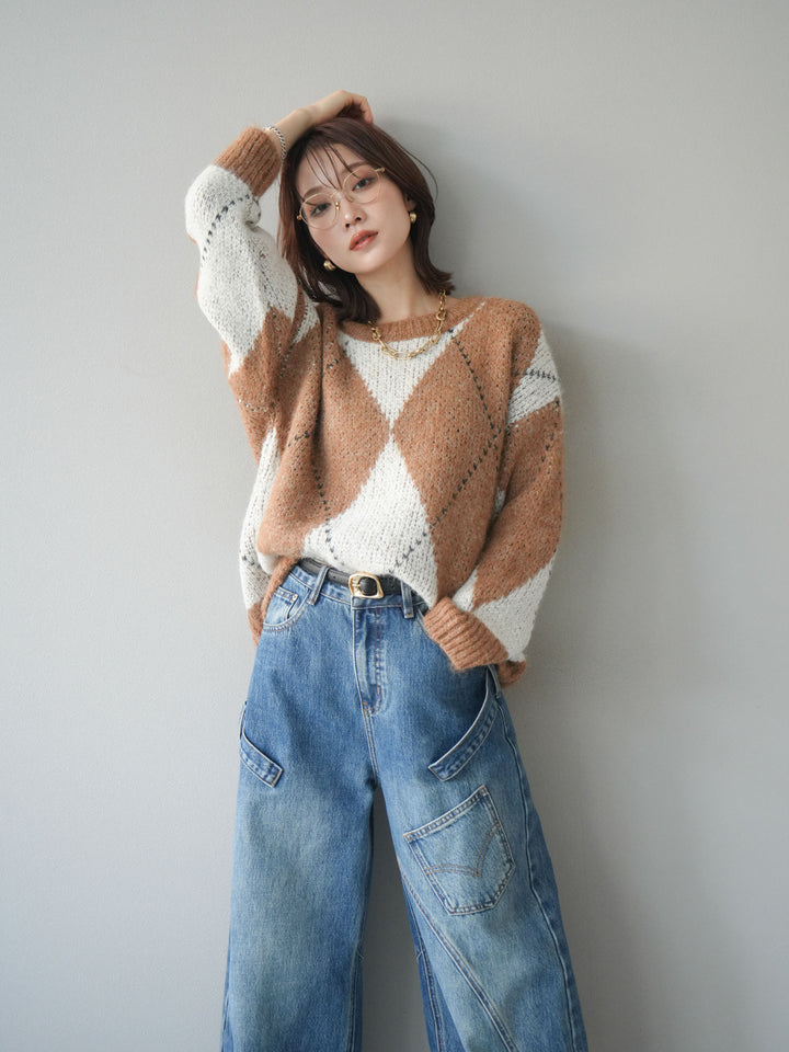 [予約]アーガイルオーバーニットプルオーバー/camel