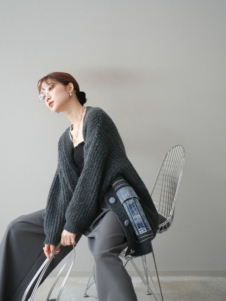 [予約]デニムポケットハンドステッチカーディガン/gray