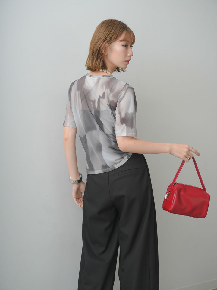 [SET]水彩アートシアーTシャツ+アシンメトリーベルトタックワイドパンツ(2set)