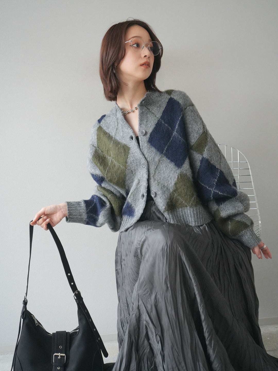 [予約]モヘアタッチアーガイルニットカーディガン/ gray