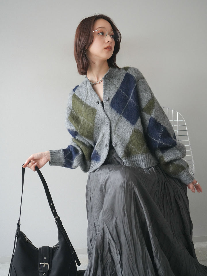 [予約]モヘアタッチアーガイルニットカーディガン/ gray