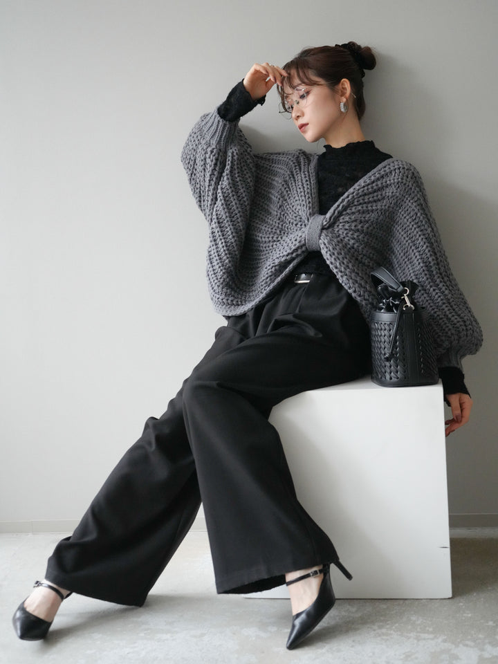 [SET]ローゲージ畦編みドルマンニットボレロ+起毛レースプチネックトップス(2set)