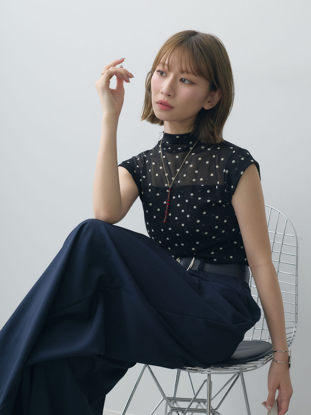 [SET]プチネックドットシアートップス+ダブルバックルベルト付ワイドパンツ(2set)