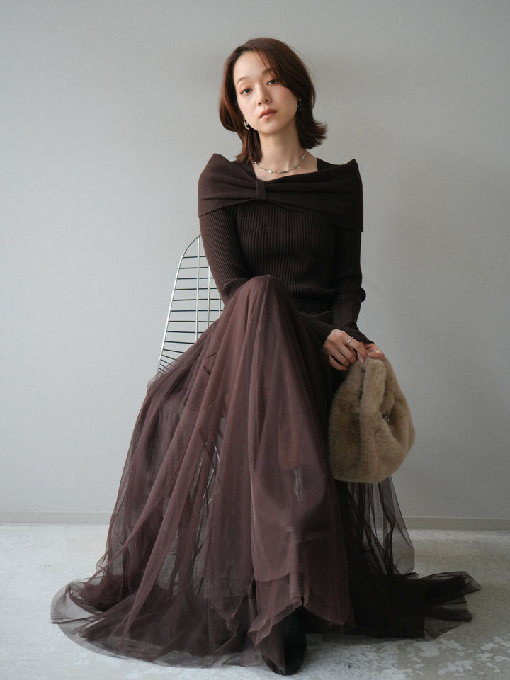 [予約]リボンモチーフオフショルリブニットトップス/brown