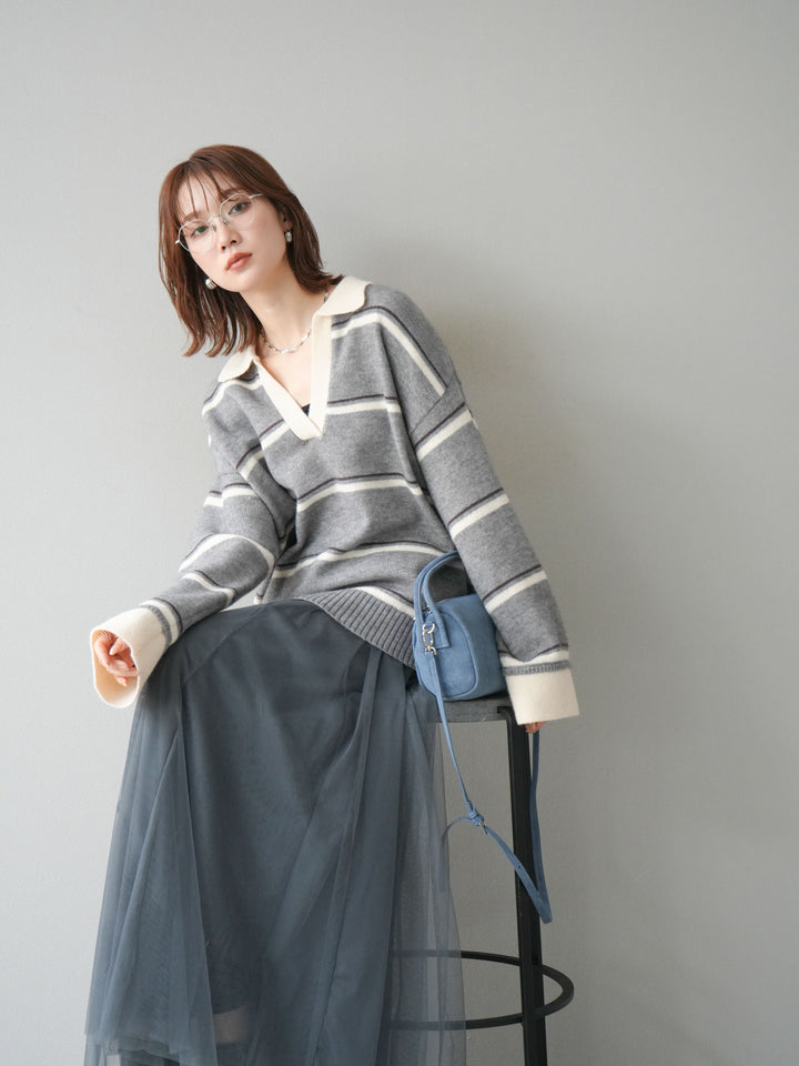 [SET]ポロ襟スキッパーボーダーニットプルオーバー+チュールボリュームスカート(2set)