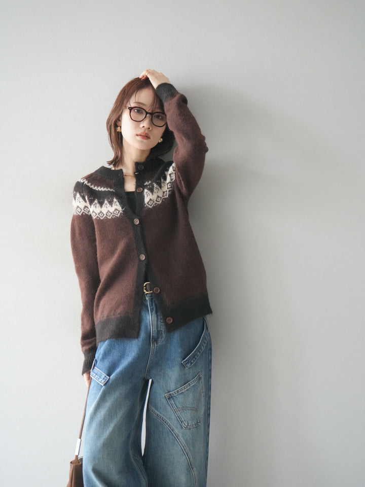 [SET]ノルディック柄ニットカーディガン+ペインターカーブデニムパンツ(2set)