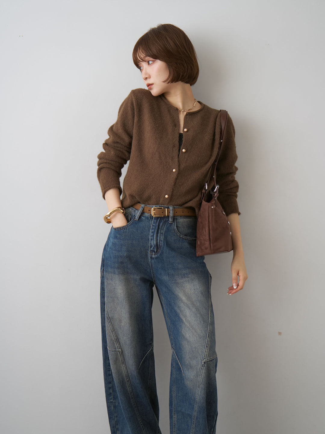 [予約]プチゴールドボタンニットカーディガン/brown