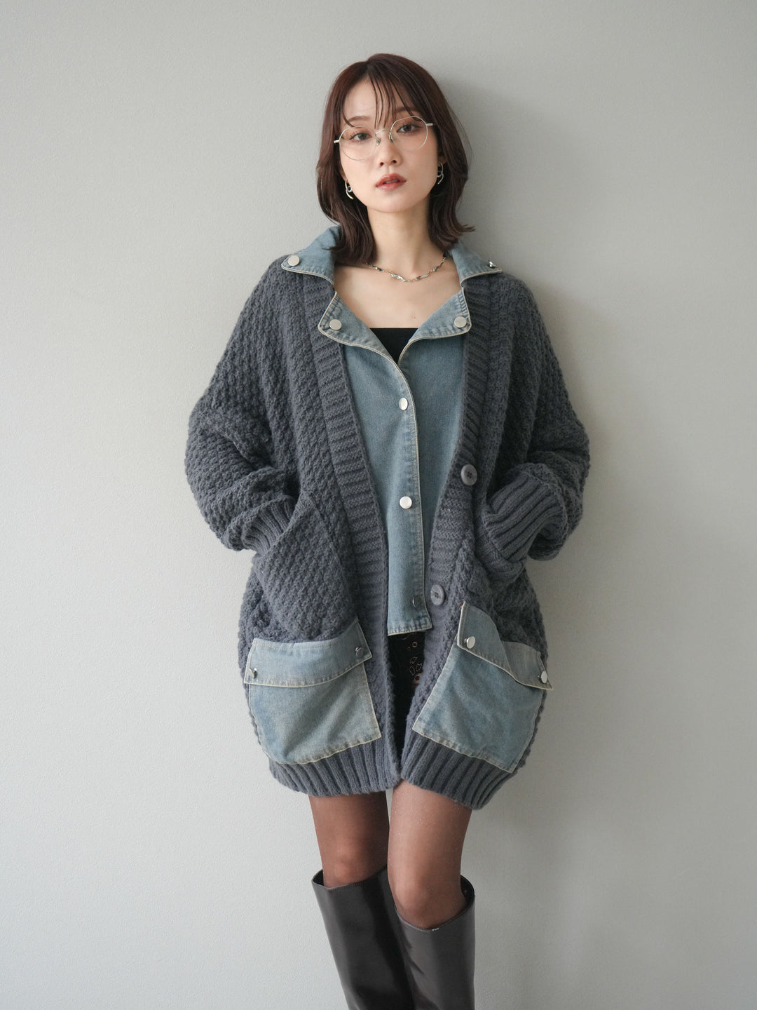 [予約]デニム襟レイヤードニットジャケット/gray