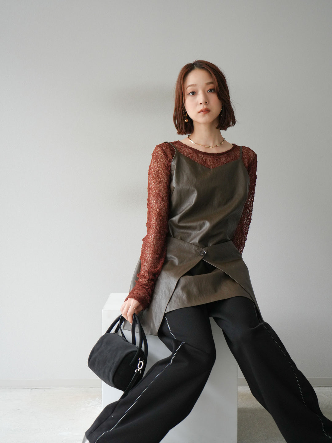 [予約]レイヤードレザーキャミソールチュニック/ブラウン