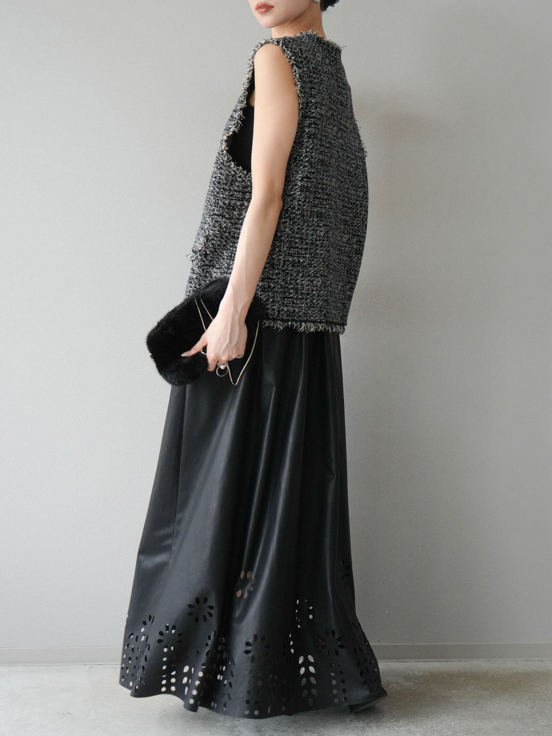 [予約]ミックスツイードフリンジニットベスト/ブラック