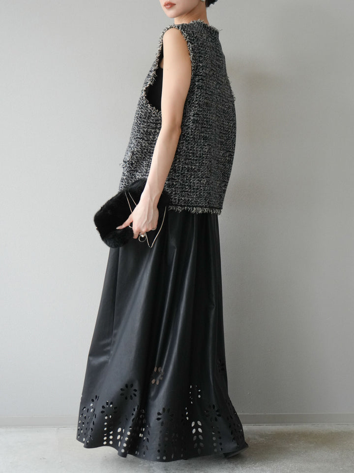 [予約]ミックスツイードフリンジニットベスト/ブラック