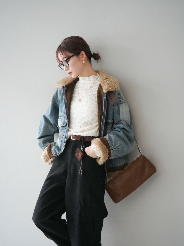 [予約]スタンドカラーファー×デニムジャケット/lightblue