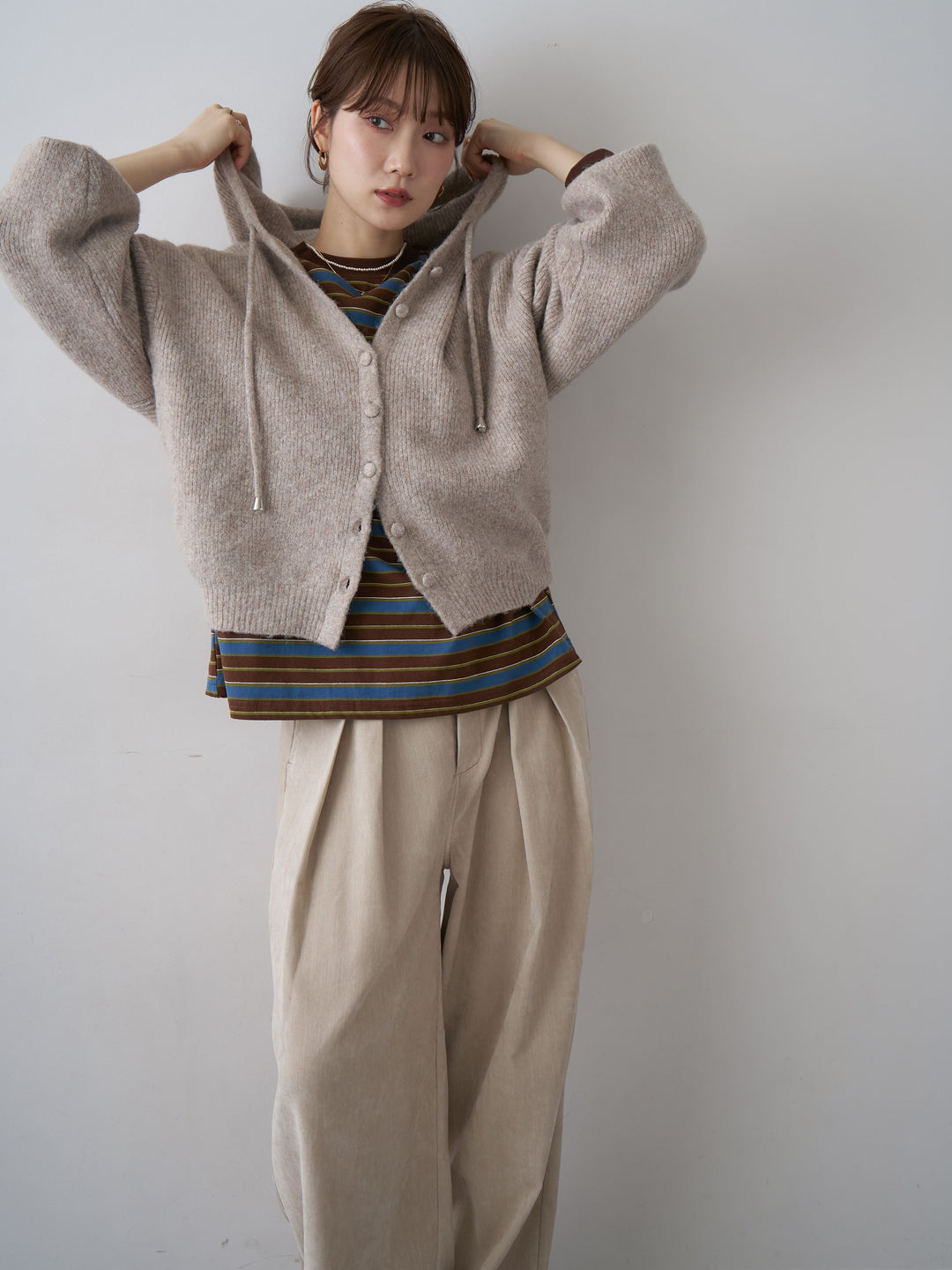 [SET]アルパカタッチソフトリブフードニットトップス+マルチボーダーロンTEE(2set)