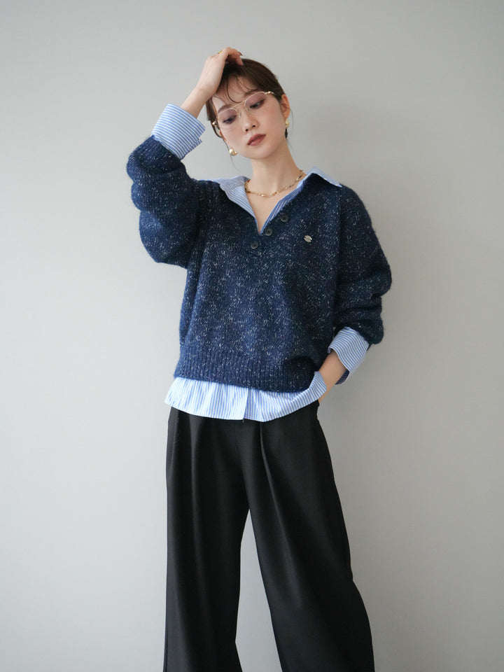 [予約]ストライプシャツドッキングMIXヤーンニットプルオーバー/navy