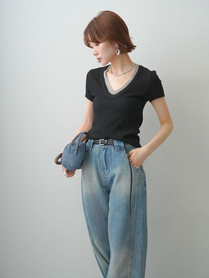 【套裝】雙色領疊層短袖羅紋針織上衣 + 雙色領疊層短袖羅紋針織上衣（兩件套）