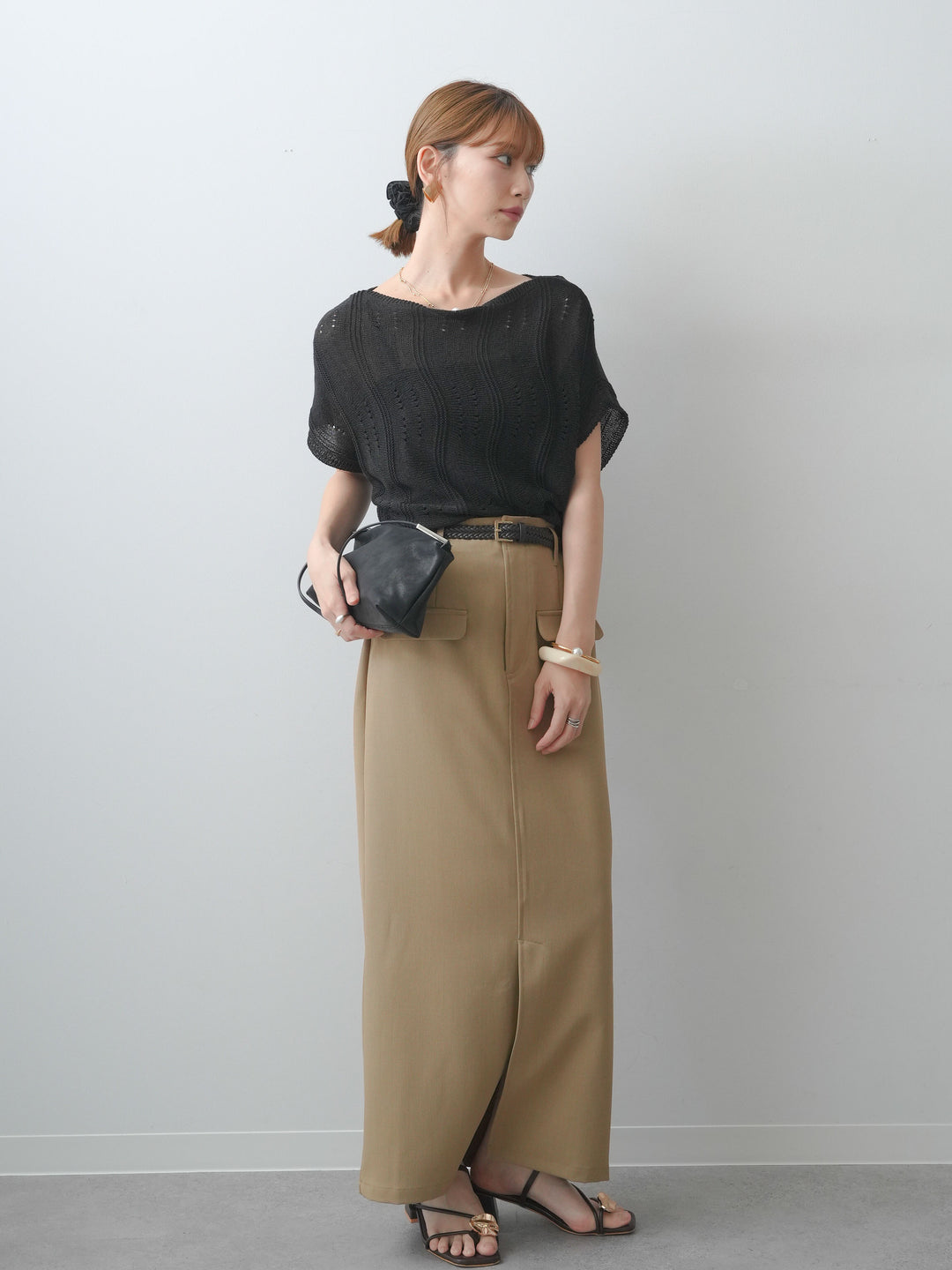 [SET]アイレットサマーニットトップス+クレープデシンフラップ付きストレートスカート(2set)
