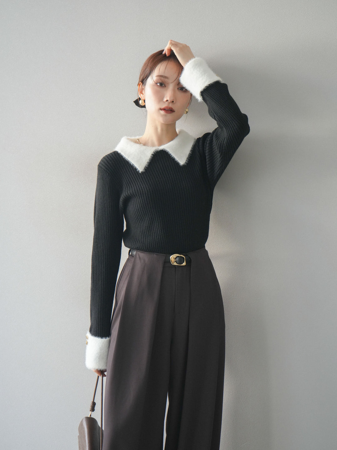 [SET]シャギー襟リブニットトップス+ベルトループデザインワイドパンツ(2set)