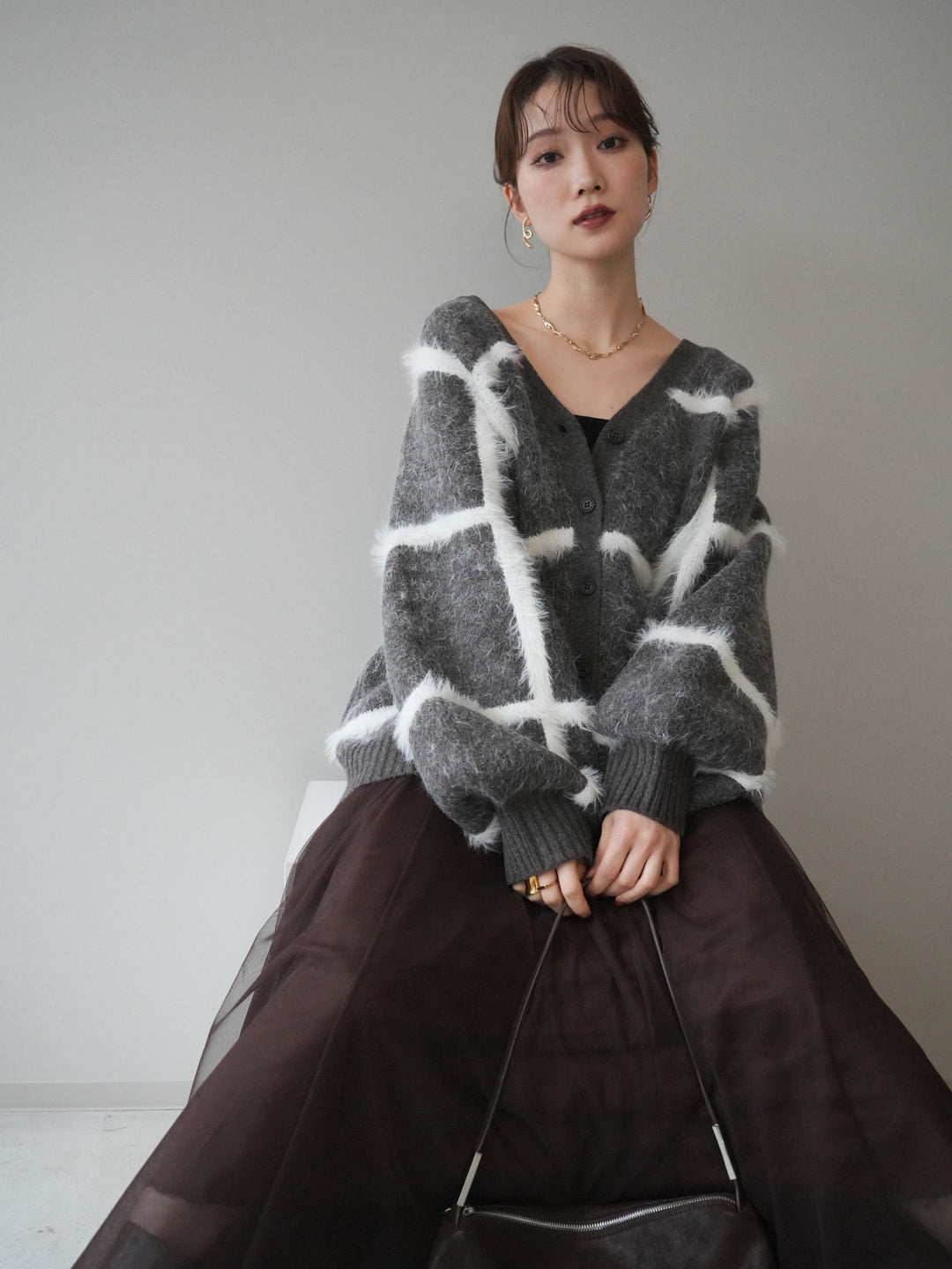 [予約]ミックスシャギーチェックカーディガン/brown