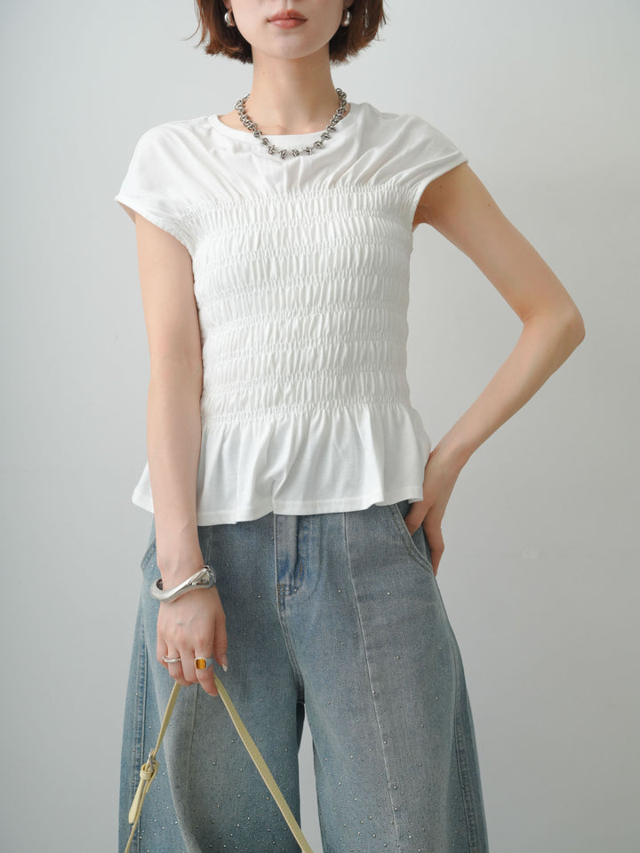 【套裝】法式袖褶皺上衣+前珠飾弧形牛仔褲（兩件套）