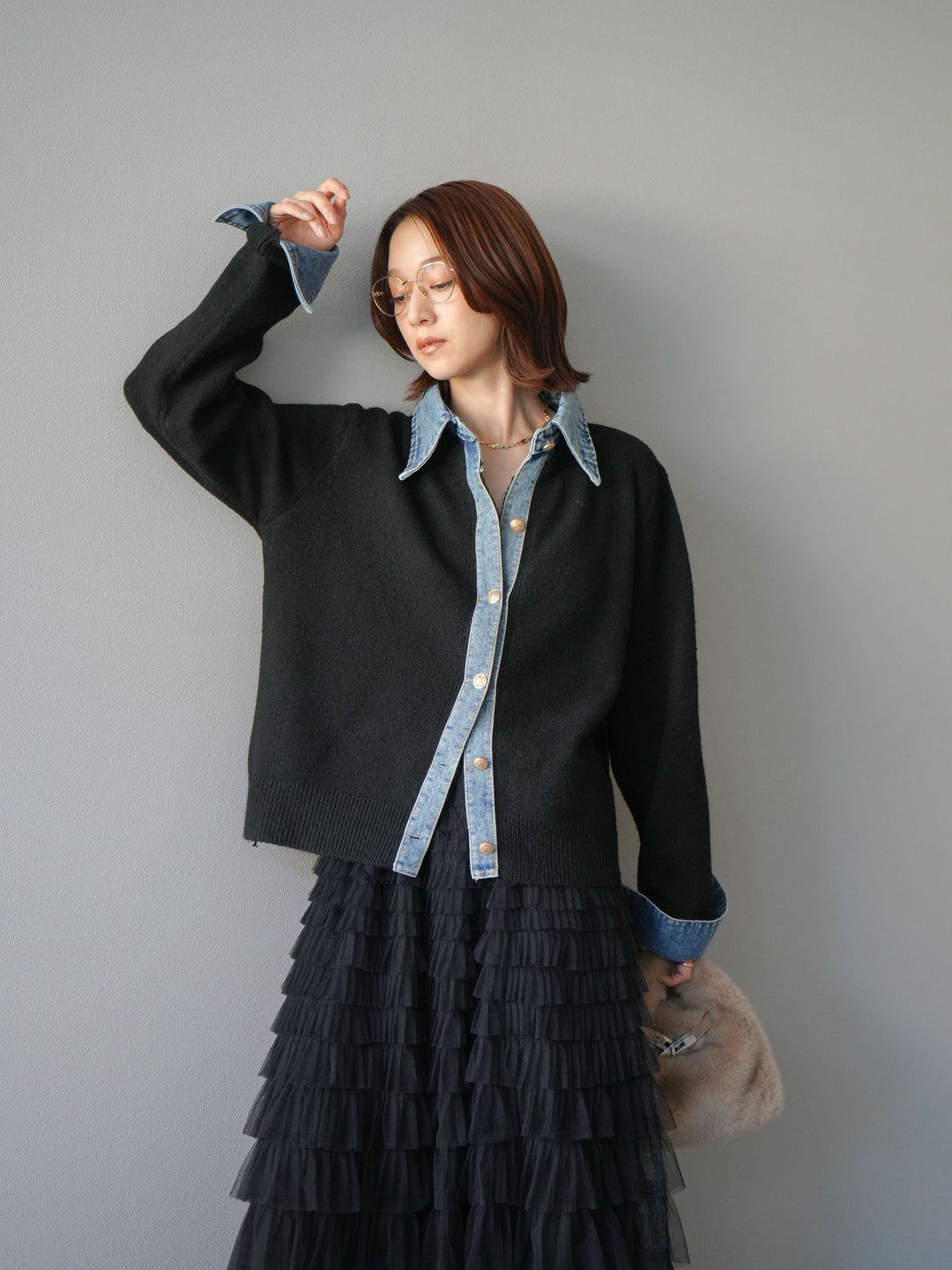 [予約]デニム襟ボタンニットカーディガン/black