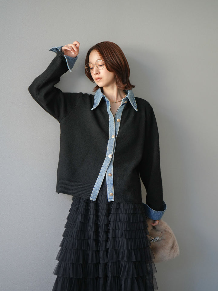 [予約]デニム襟ボタンニットカーディガン/black