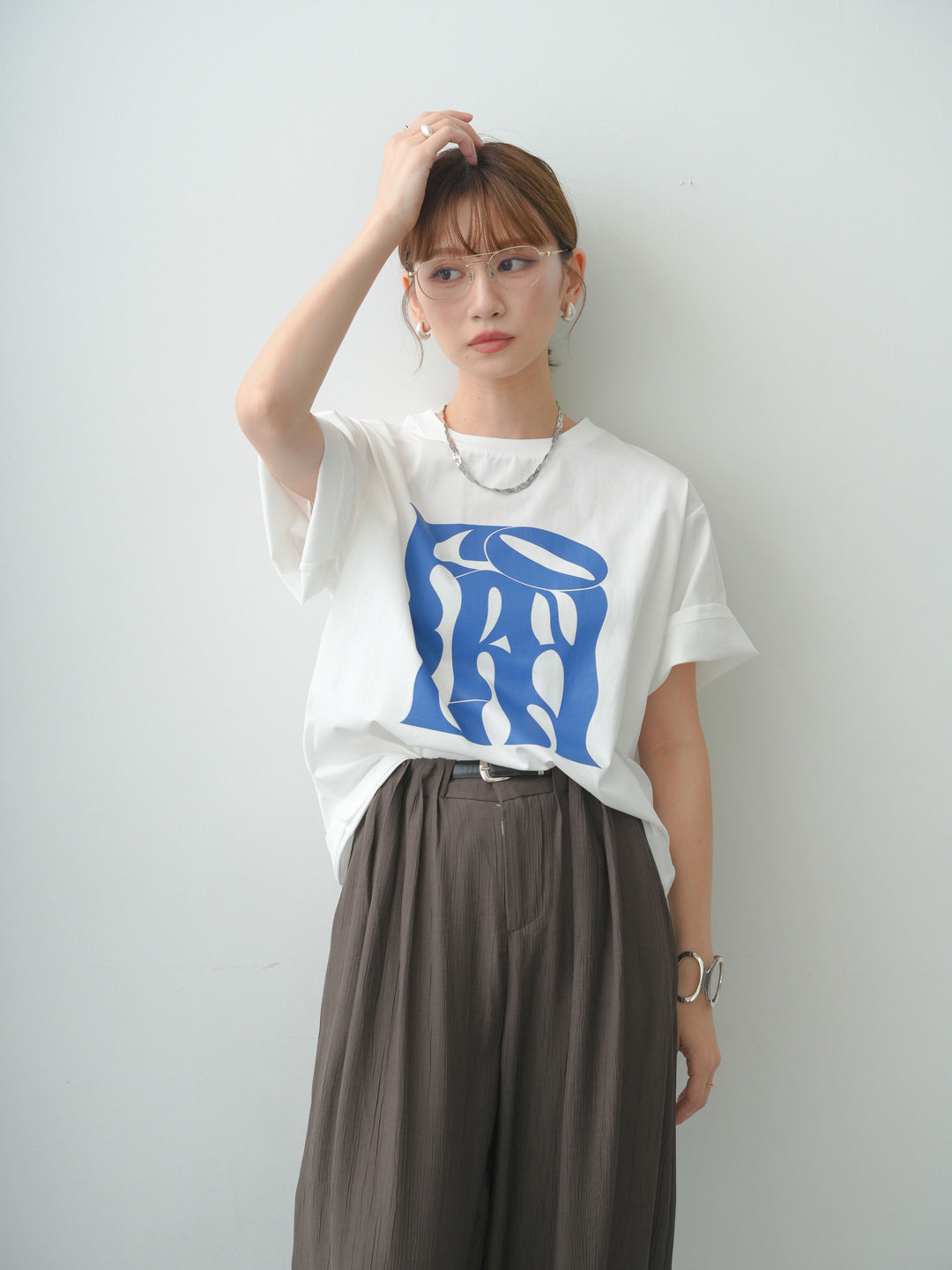 [SET]クールタッチアートロゴオーバーTEE+ベルト付ワッシャーライトワイドパンツ(2set)