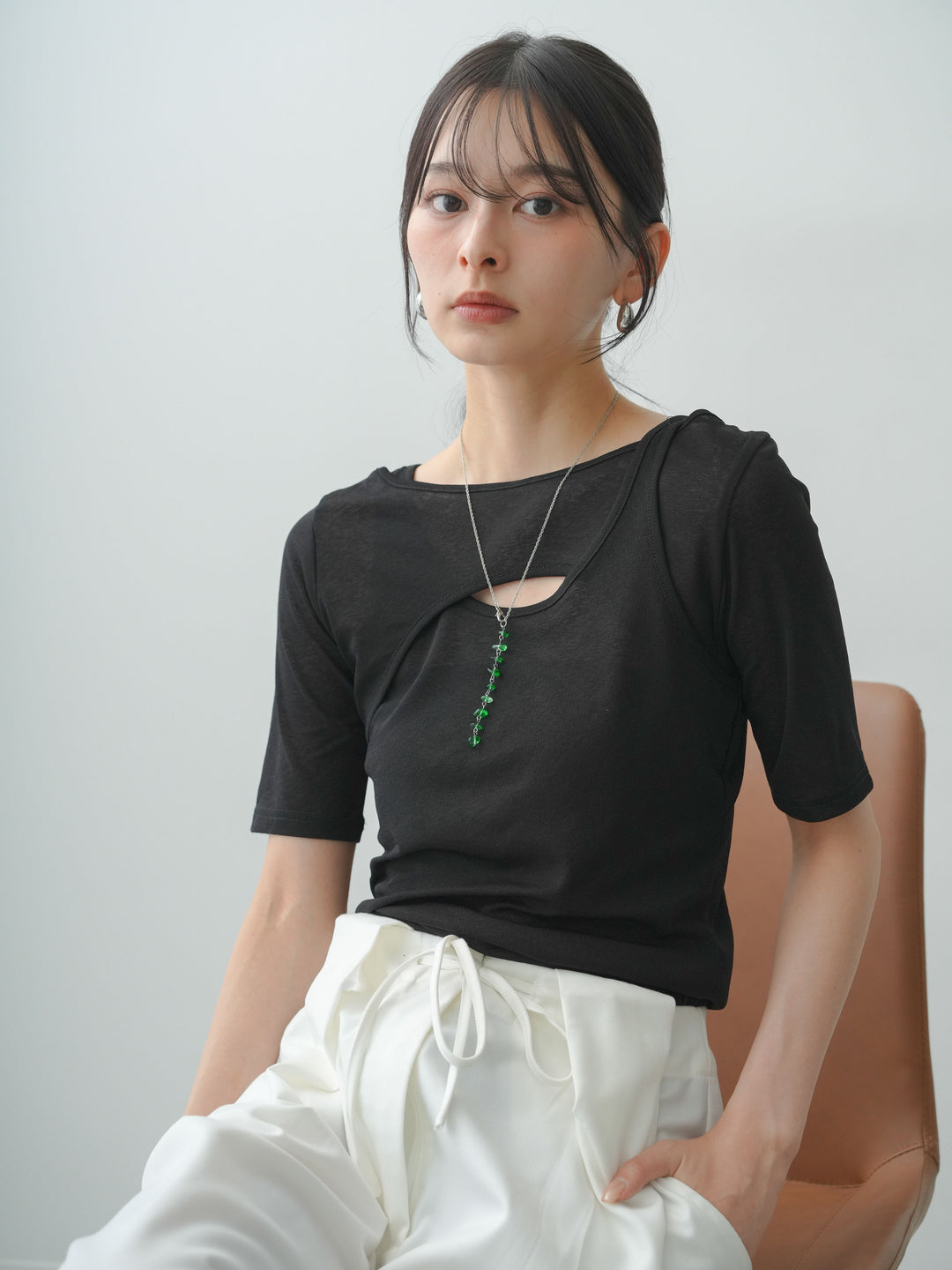 [SET]前後2wayシアーアシメレイヤード風TEE+ベルトループカーブタックワイドパンツ(2set)