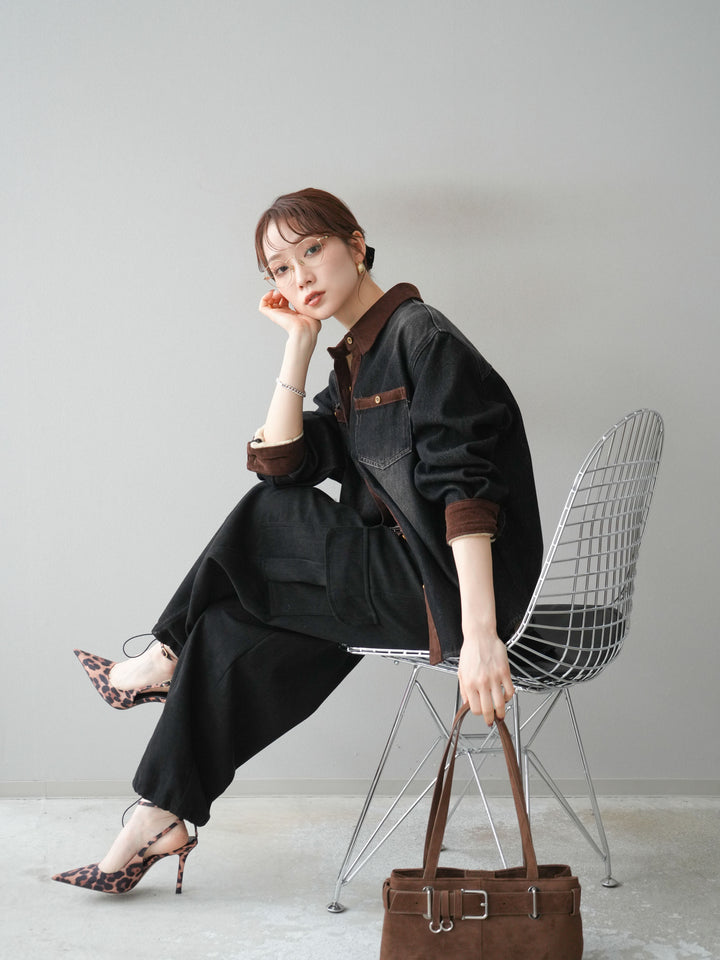 [予約]裏起毛コーデュロイ襟デニムシャツジャケット/black