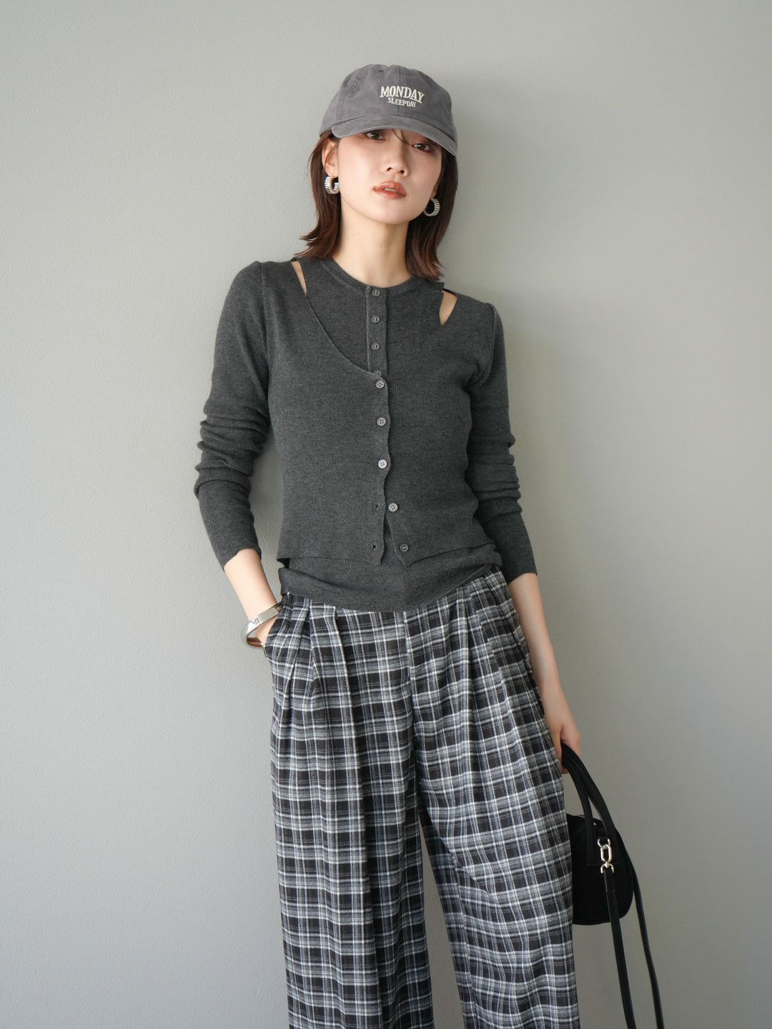 [予約]レイヤードデザインニットカーディガン/チャコール