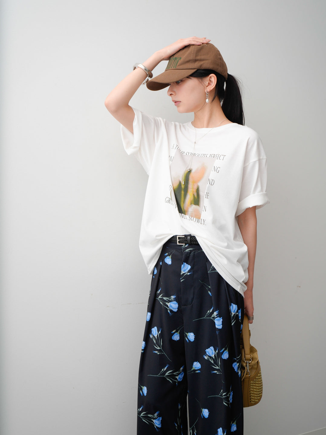 [SET]フラワーフォトTEE+フラワープリントドレープタックパンツ(2set)