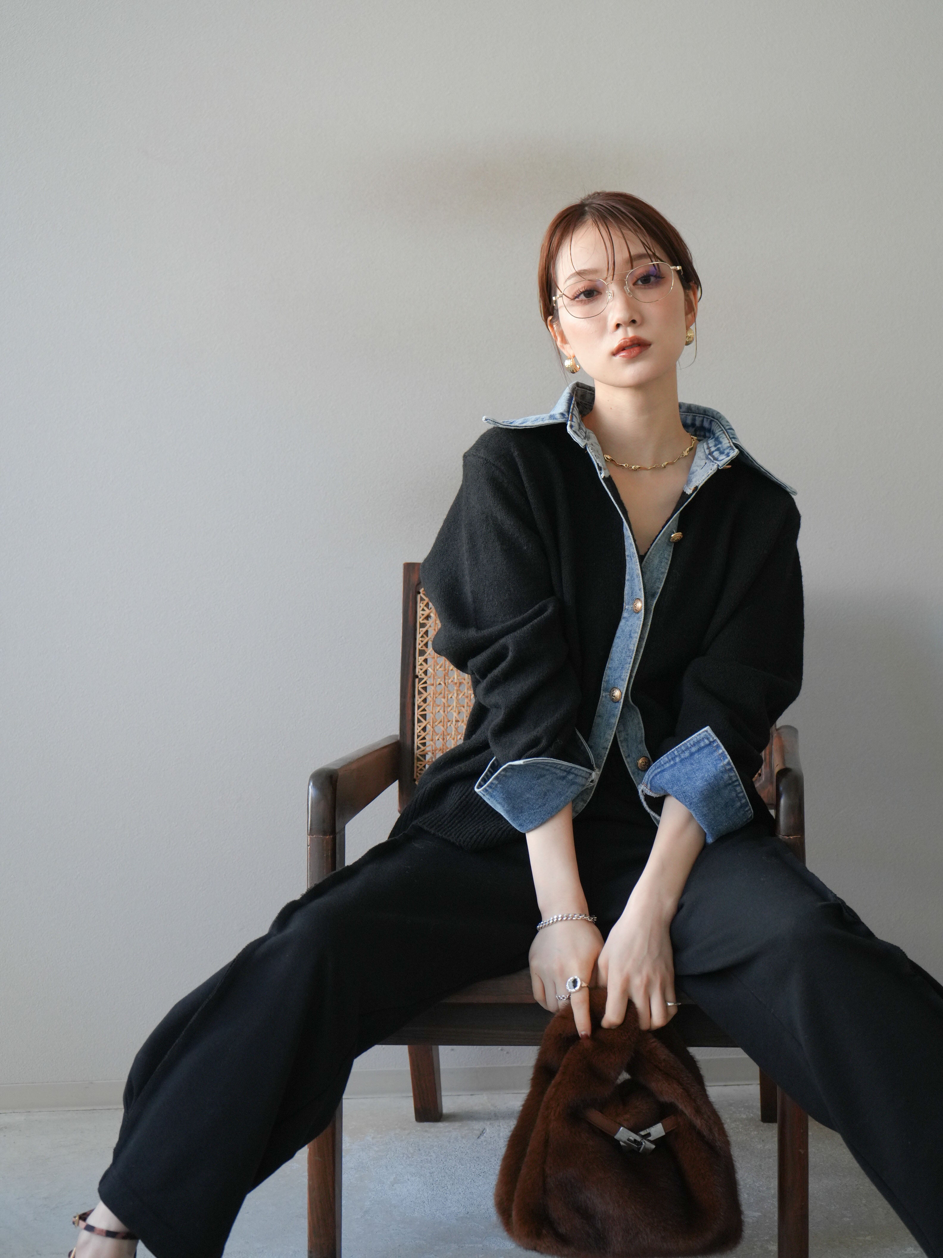 予約]デニム襟ボタンニットカーディガン/black – Lumier