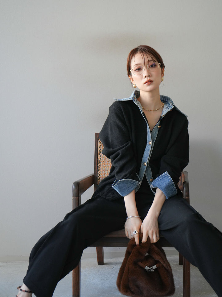 [予約]デニム襟ボタンニットカーディガン/black