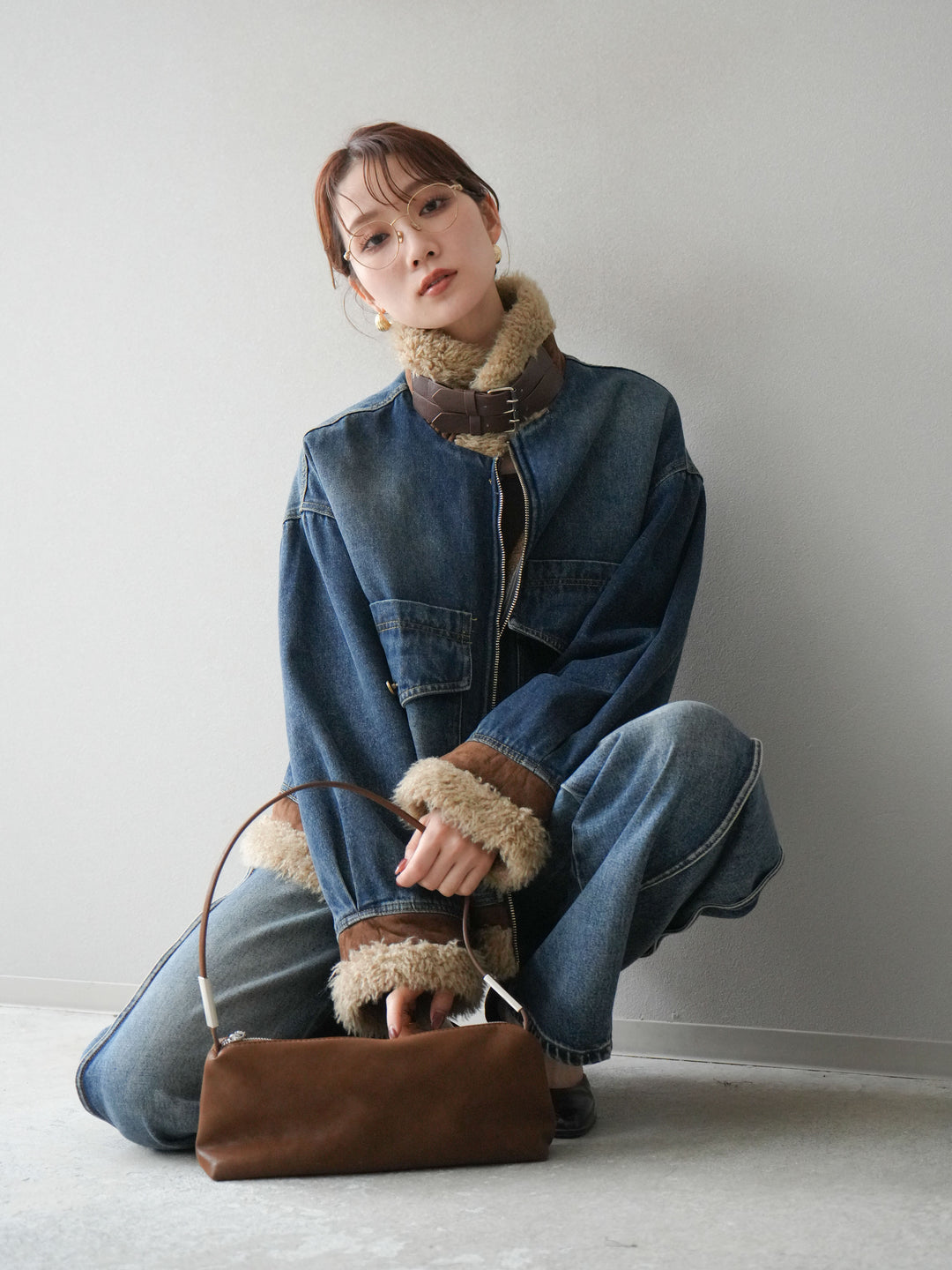 [予約]スタンドカラーファー×デニムジャケット/blue