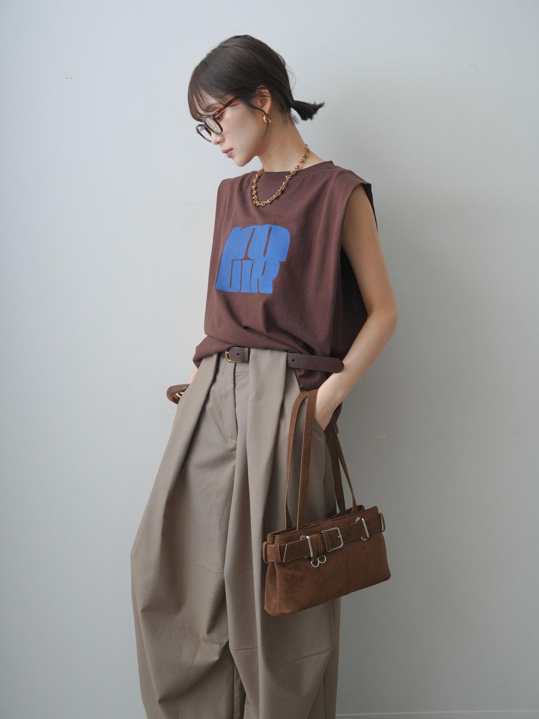 [SET]ワイドネックプリントTEE+ショルダータックノースリーブオーバーTEE(2set)