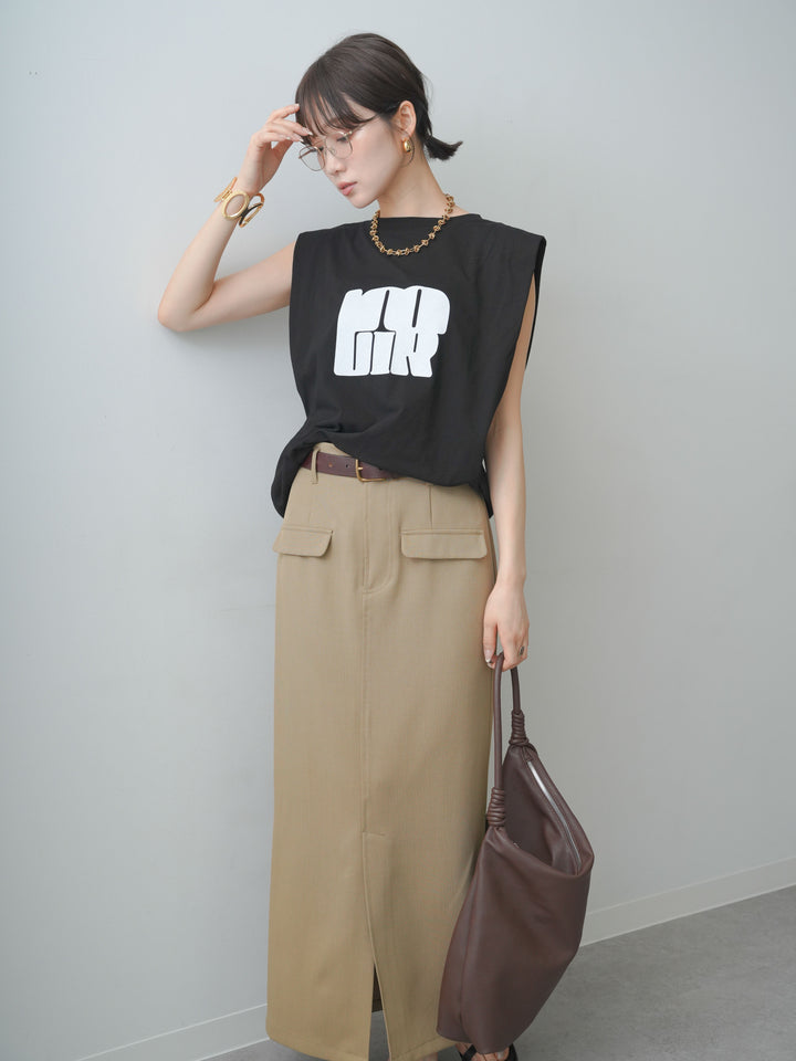 [SET]フロントジップフリルカラーデニムトップス+ショルダータックノースリーブオーバーTEE+ベルトループカーブタックワイドパンツ(3set)
