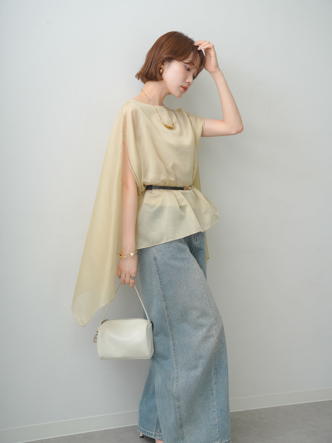 [予約]ベルト付シアーケープレイヤードブラウス/khaki