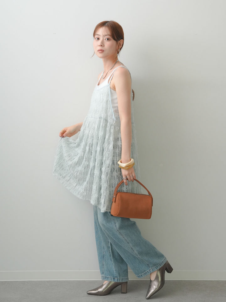 【套裝】羽毛提花吊帶背心 + Center Line 寬版直筒牛仔褲（兩件套）