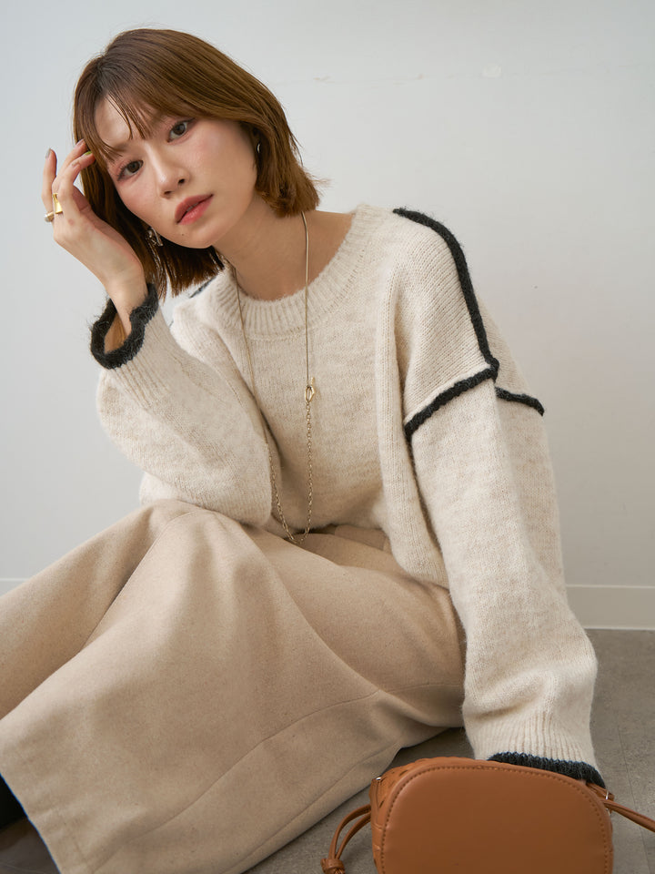 [SET]配色ラインデザインヘムニットプルオーバー+メルトンフラップ付ストレートスカート(2set)