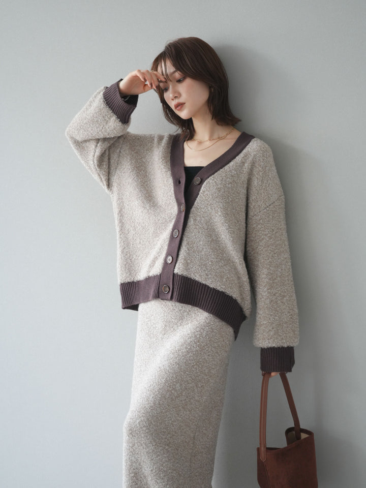 [SET]ブークレバイカラーニットカーディガン+ブークレバイカラータイトニットスカート(2set)