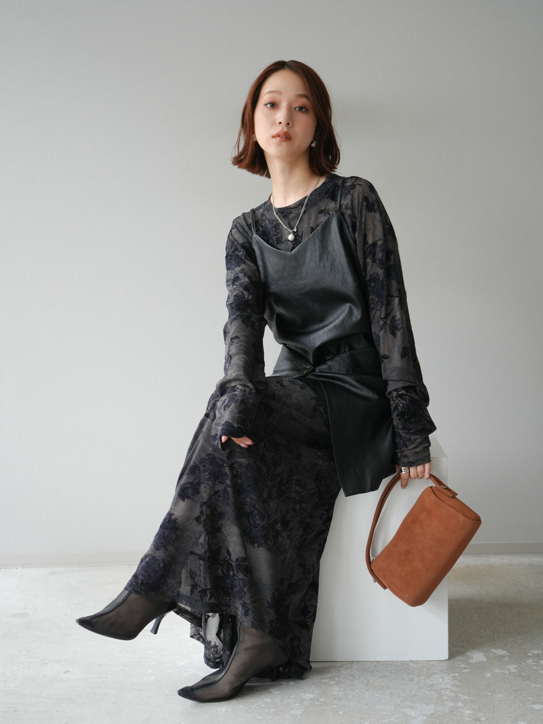 [予約]レイヤードレザーキャミソールチュニック/ブラック