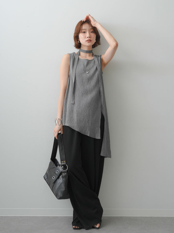 [SET]タイ付アシメヘムノースリトップス+リラックスドレープスウェットパンツ(2set)