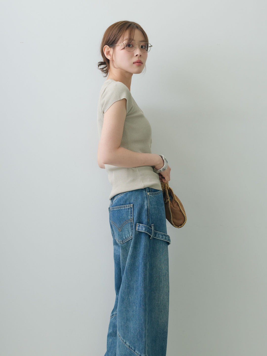 [予約]ネックレイヤードヘンリーVネックリブニットトップス/beige