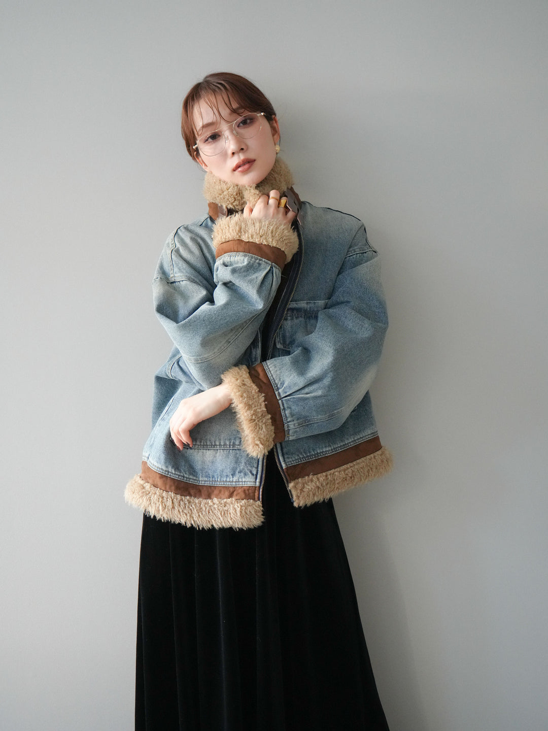 [予約]スタンドカラーファー×デニムジャケット/lightblue
