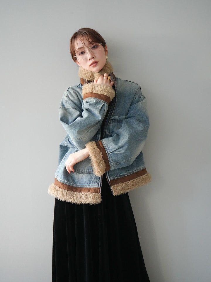 [予約]スタンドカラーファー×デニムジャケット/lightblue
