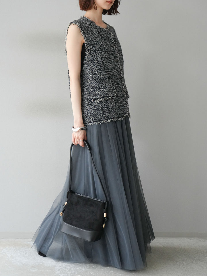 [予約]ミックスツイードフリンジニットベスト/ブラック