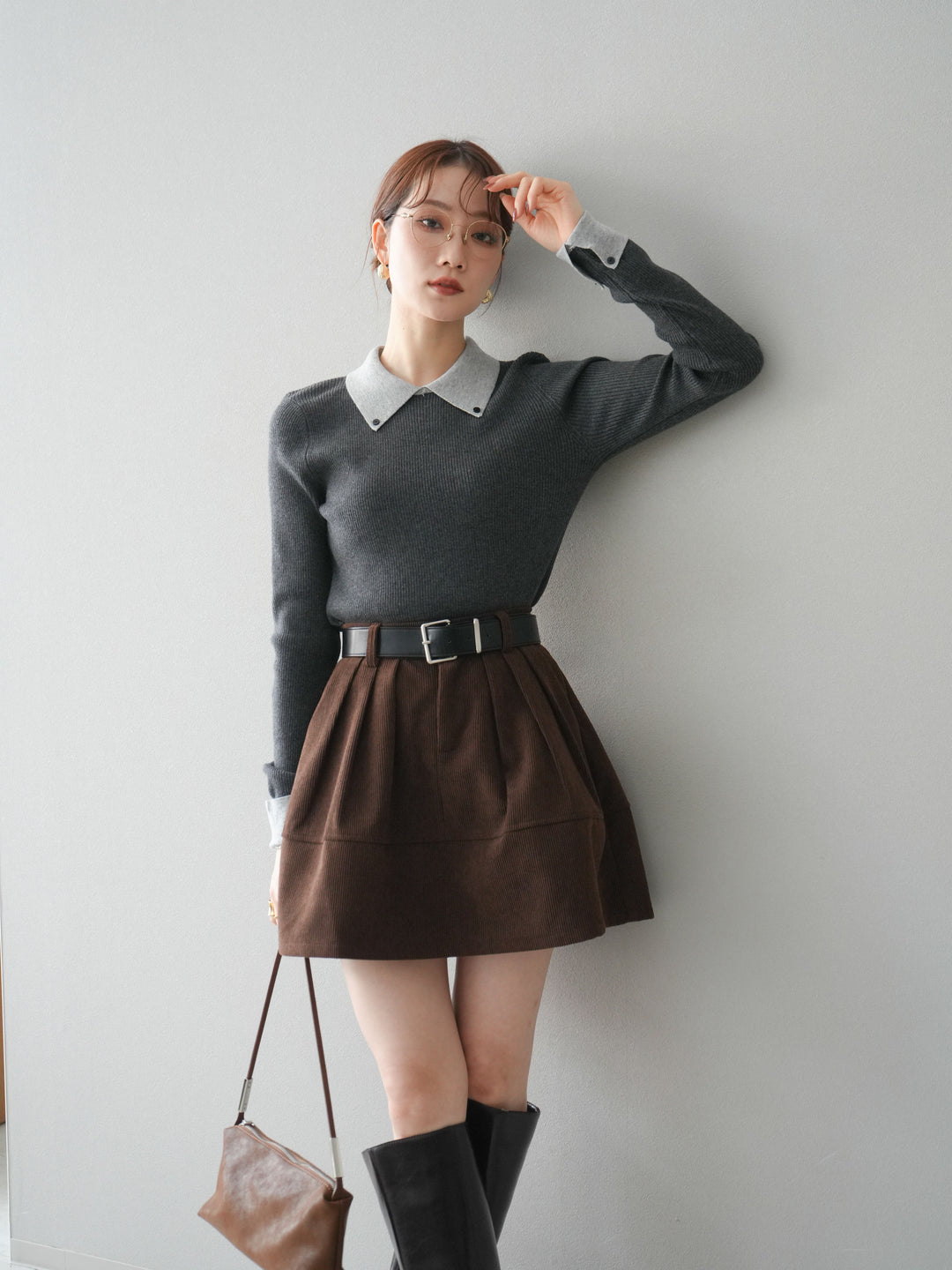 [予約]ニットカフス襟付き配色リブニットトップス/charcoal